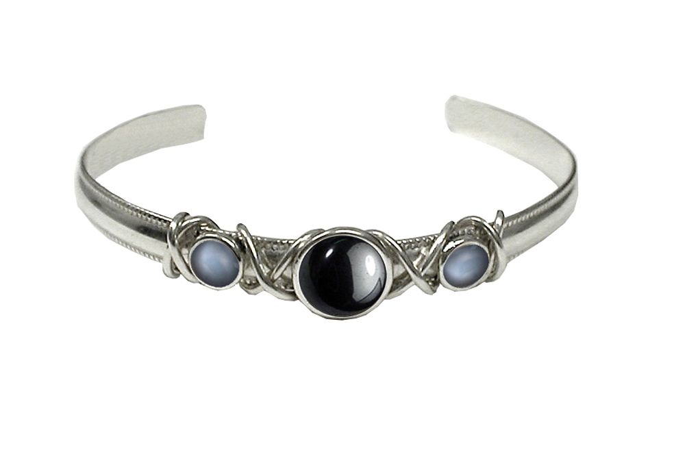 Sterling Silver Hand Made Cuff Bracelet With Hematite And Grey Moonstone